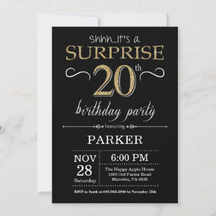 20 de Surpresa - Convite de Aniversário Preto e D