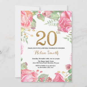 20 Floral Convite de Aniversário Glitter Dourado