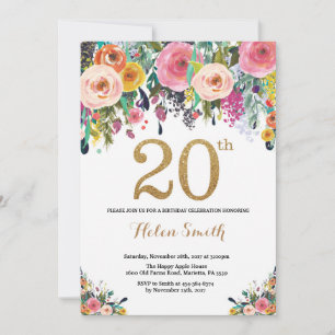 20 Floral Convite de Aniversário Glitter Dourado