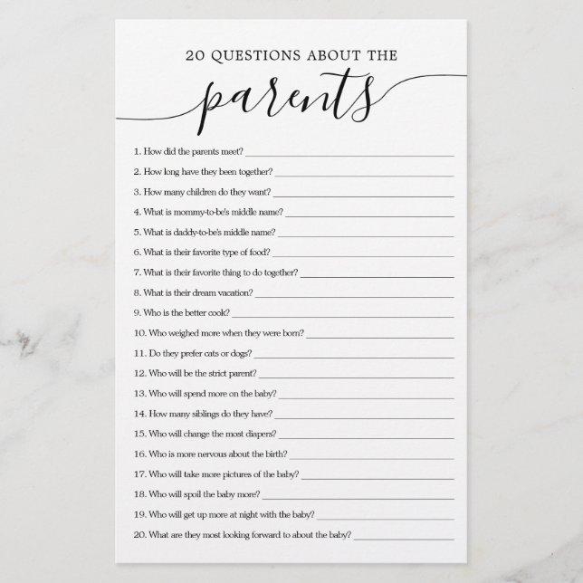 20 Perguntas sobre o jogo de Chá de fraldas dos Pa (Frente)