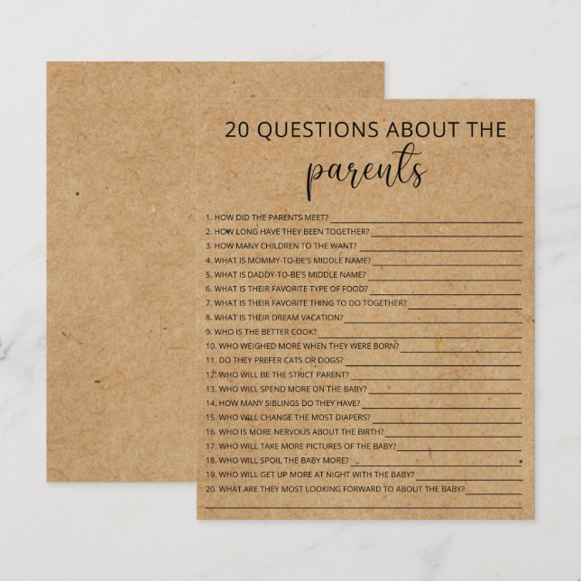 20 Perguntas sobre o jogo de chá de fraldas dos Pa (Frente/Verso)