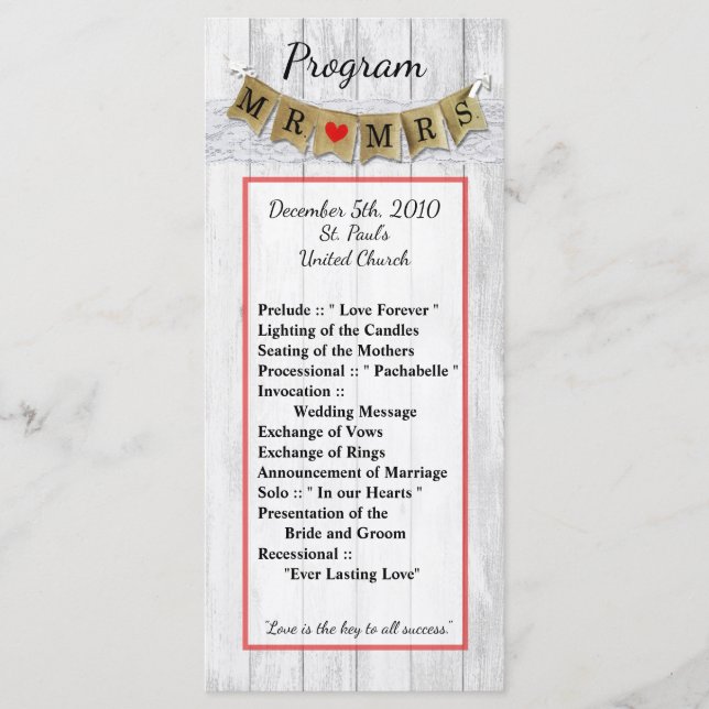 25 4x9 Programa de Casamento Burlap Mr e Mrs Banne (Frente)