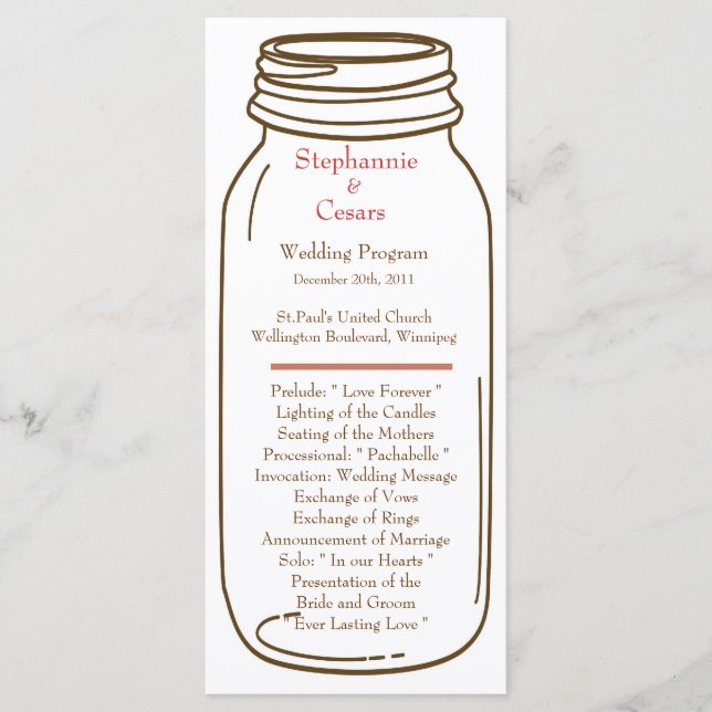 25 4x9 Programa de Casamento Rosa/Brown Mason Jar (Frente)
