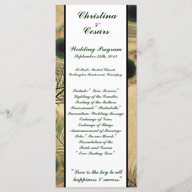 25 4x9 Programa de Casamento Vintage Peacock Green (Frente)