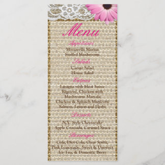 25 Cartões de Menu Burlap Lace Lace Pink Daisy Flo