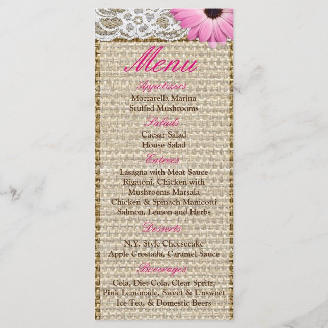 25 Cartões de Menu Burlap Lace Lace Pink Daisy Flo (Frente)