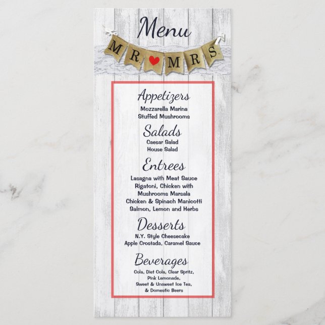 25 Cartões de menu Burlap Mr e Mrs Banner (Frente)