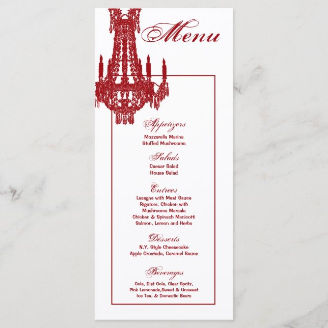 25 Cartões de menu Crystal Chandelier Glitz Glamor (Frente)