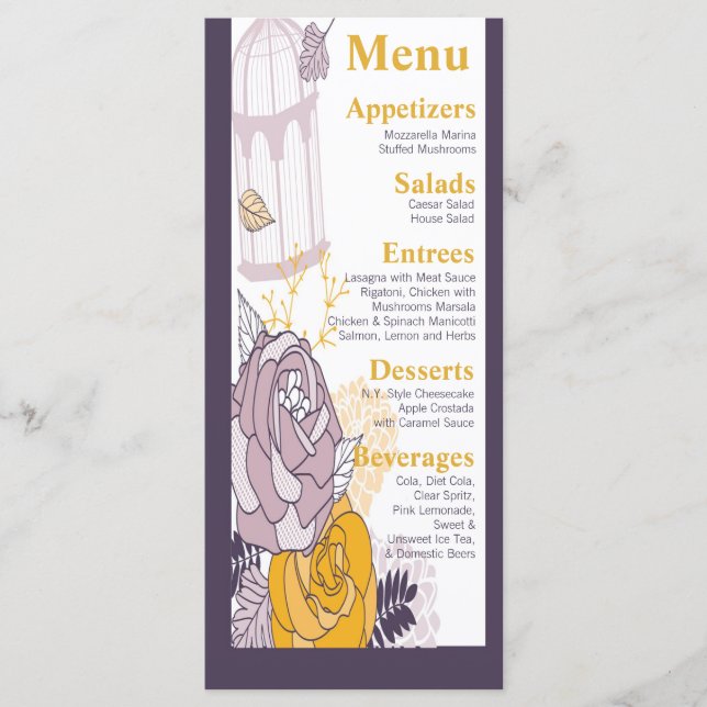 25 Cartões de menu Gaiola de aves de Rosa de ameix (Frente)