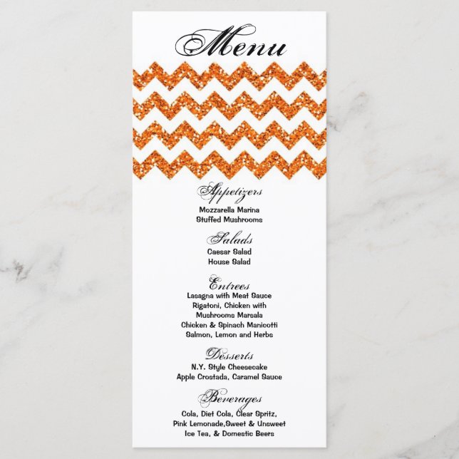 25 Cartões de menu Laranja Glitter Chevron Zig Imp (Frente)