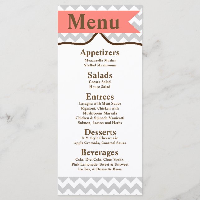25 Cartões de Menu Modern Chevron Stripe Coral Zig (Frente)