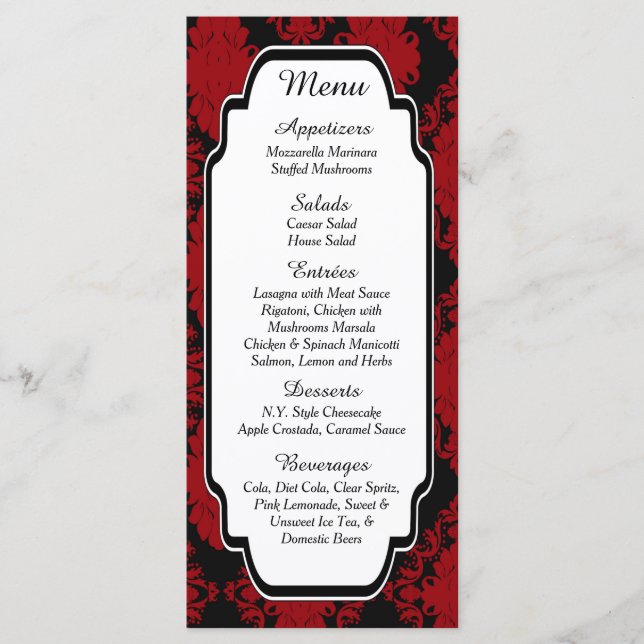 25 Cartões de menu Românticos Red Damask (Frente)