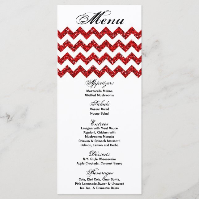 25 Cartões de menu Vermelhos Glitter Chevron Zig I (Frente)