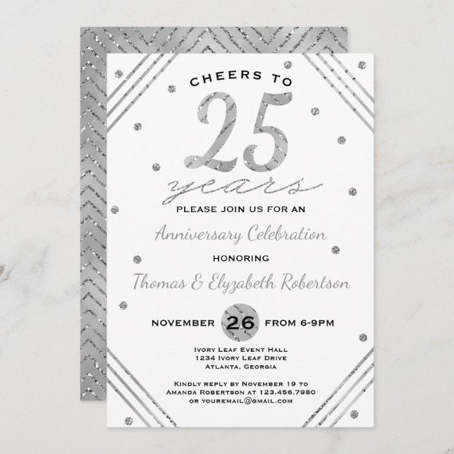 25 Convite de festas de aniversário, Faux Silver (Frente/Verso)