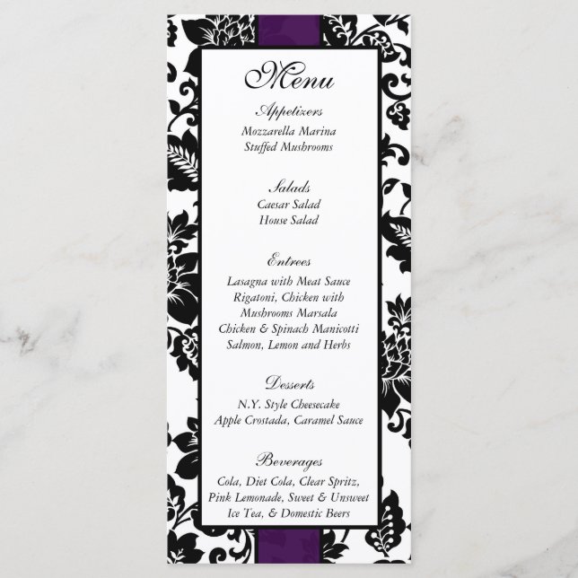 25 Menu Casamento tema damasco Floral Preto/Roxo (Frente)