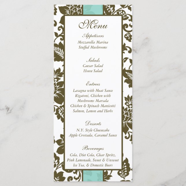 25 Menu de Casamento tema damasco Floral Castanho/ (Frente)