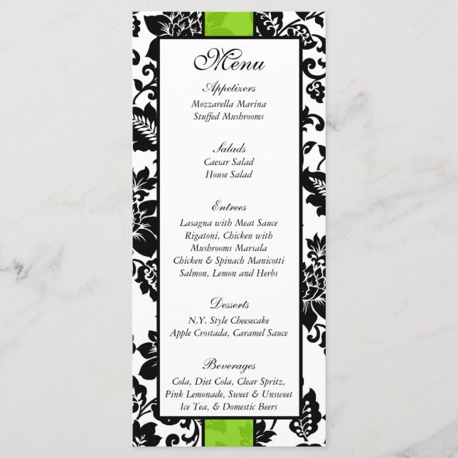 25 Menu Preto/Verde limão Floral Casamento tema da (Frente)