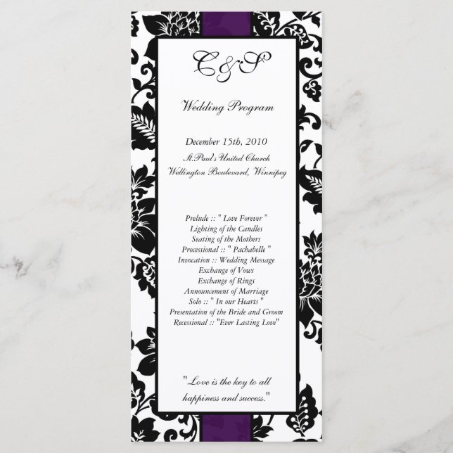 25 Programas de Casamento tema damasco Floral Pret (Frente)