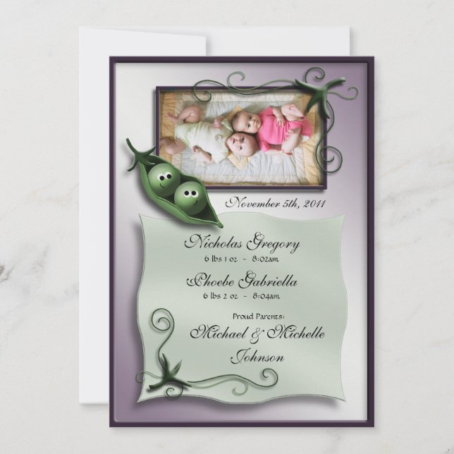 2 Ervilhas em Anúncios de Nascimento de Gêmeos Pod (Frente)