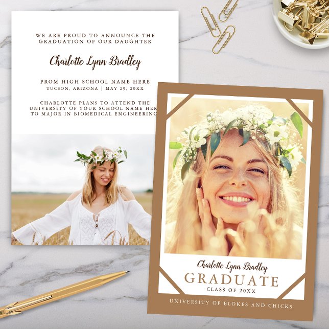 2 Foto Anúncio de Formatura Minimalista Moderno (Modern beige taupe graduation announcment with 2 photos and simple trendy script with typography)