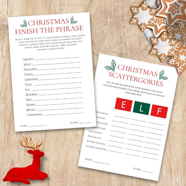 2 Jogos de Natal Imprimíveis Cartão Scattegories (Front and back view)