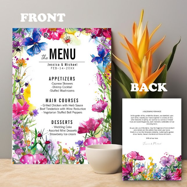 💓 2 menu de casamento Meadow Bloom (💓2 sided wedding menu Meadow Bloom collection. Add matching stationery to your shopping basket)