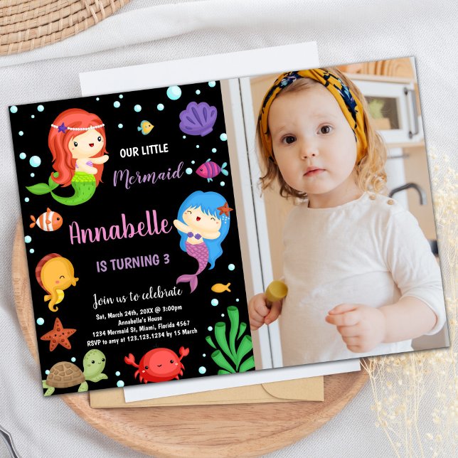 3ª Sereia Negra Convites de Aniversário com Foto (3rd Black Mermaids Birthday Invitations With photo)