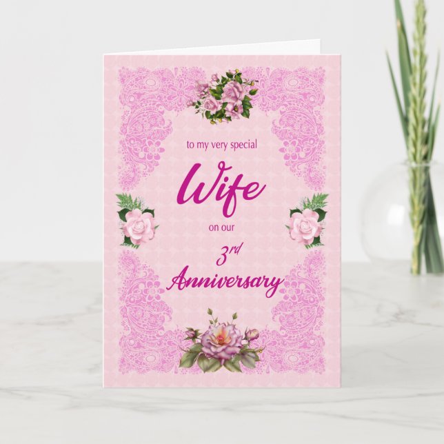 3º aniversário da Esposa com Cartão Rosa (Frente)