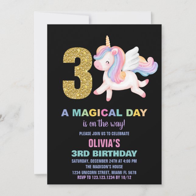 3º Arco-Íris Unicórnio Convites de Aniversário Neg (Frente)
