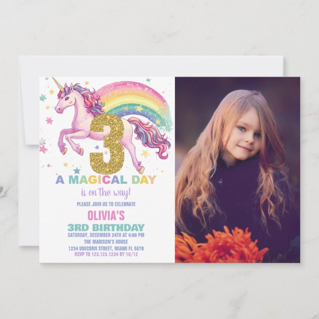 3º Convite de Aniversário da Unicórn com imagem (Frente)