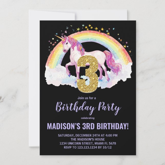 3º Convites de Aniversário do Rainbow Unicorn (Frente)