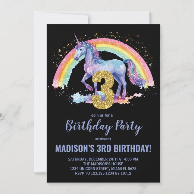 3º Convites de Aniversário do Rainbow Unicorn (Frente)
