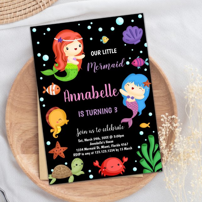 3º Convites de aniversário para Sereias Negras (3rd Black Mermaids Birthday Invitations)