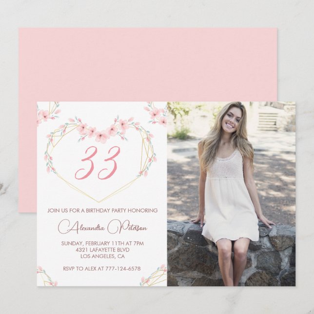 33.º aniversário convite Foto Elegante Boho (Frente/Verso)