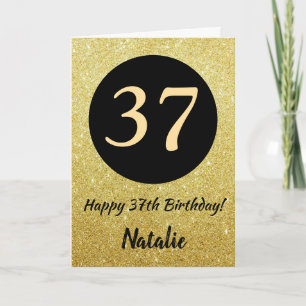 37º aniversário feliz Cartão preto e Dourado brilh