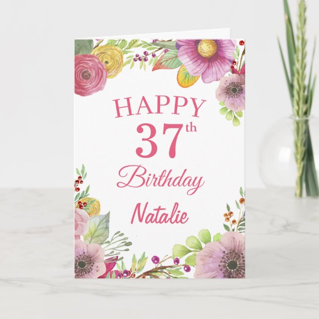 37.º Aniversário - Cartão Rosa Flor com Aquarela (Frente)