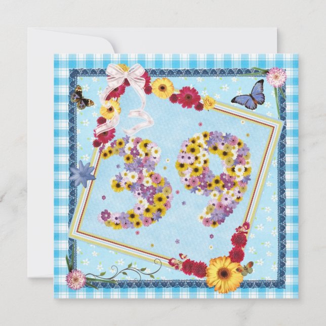 39º flores do Convite de aniversário, borboletas (Frente)