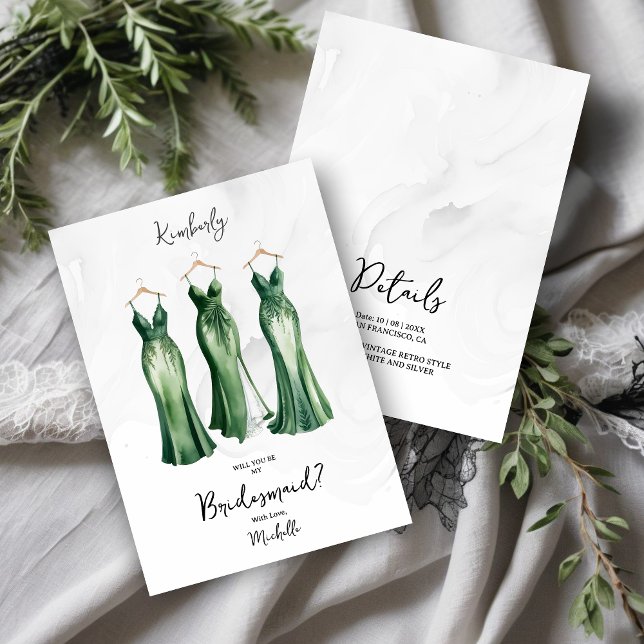 3 Chic Green Bridesmaid Dresses Watercolor Request (Glam 3 Chic Green Shades Bridesmaid Dresses Watercolor Effect Proposal Card.)