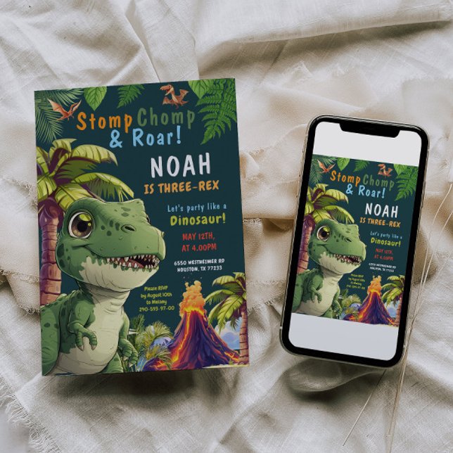 3 convite para aniversário de 3 anos Rex Dinossaur (Criador carregado)