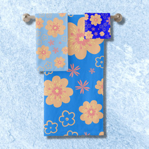 3 Definir Toalha Floral Laranja Azul