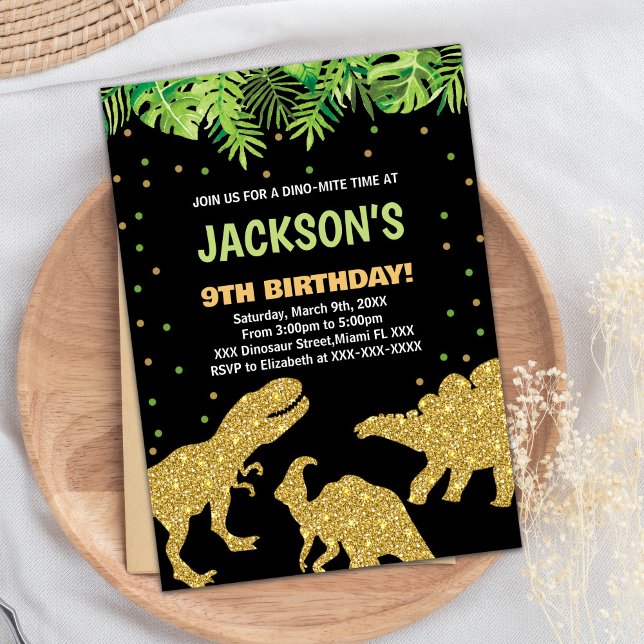 3 Dino Black Glitter Dinossauro Convites de Aniver (3 Dino Black Glitter Dinosaur Birthday Invitations)