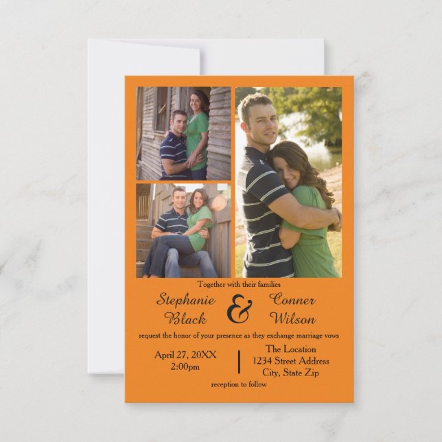 3 Fotos Laranja - Convite para Casamento 3x5 (Frente)