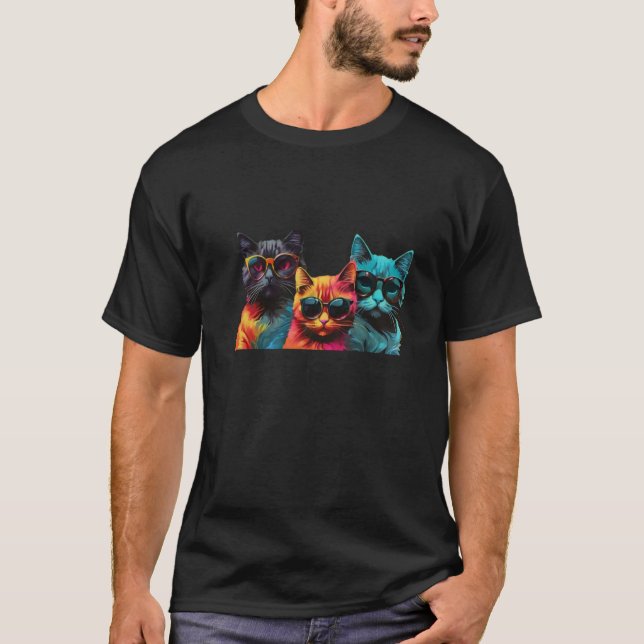 3 gatos com camiseta de óculos escuros para camise (Frente)