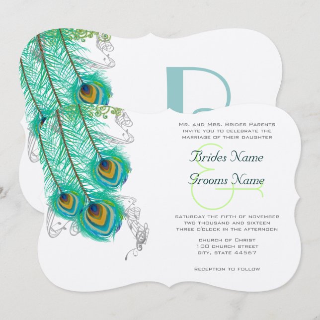3 Penas de Pavão Convite de Casamento (Frente/Verso)