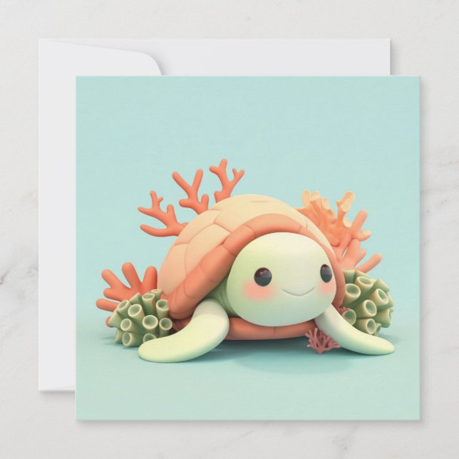 3D Clay Sea Turtle in Orange Coral Reef Postcard  (Frente)