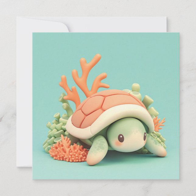 3D Clay Sea Turtle with Orange Coral Reef Postcard (Frente)