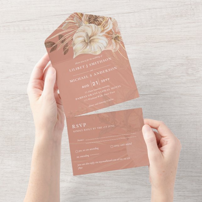 3in1 BOHO Pampas Grass Terracotta Weding RSVP (Aba destacável)