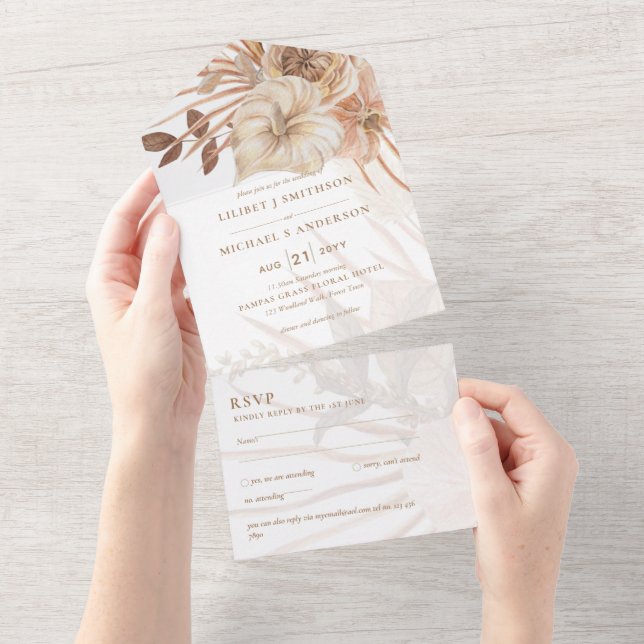 3in1 BOHO Pampas Grass Terracotta Weding RSVP (Tearaway)