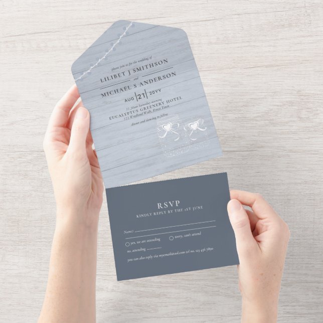 3in1 Dusty Blue Mason Jars Luzes Casamento RSVP To (Aba destacável)