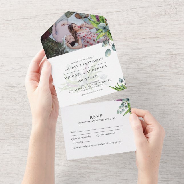 3in1 Eucalyptus Greenery FOTO de Casamento RSVP de (Aba destacável)
